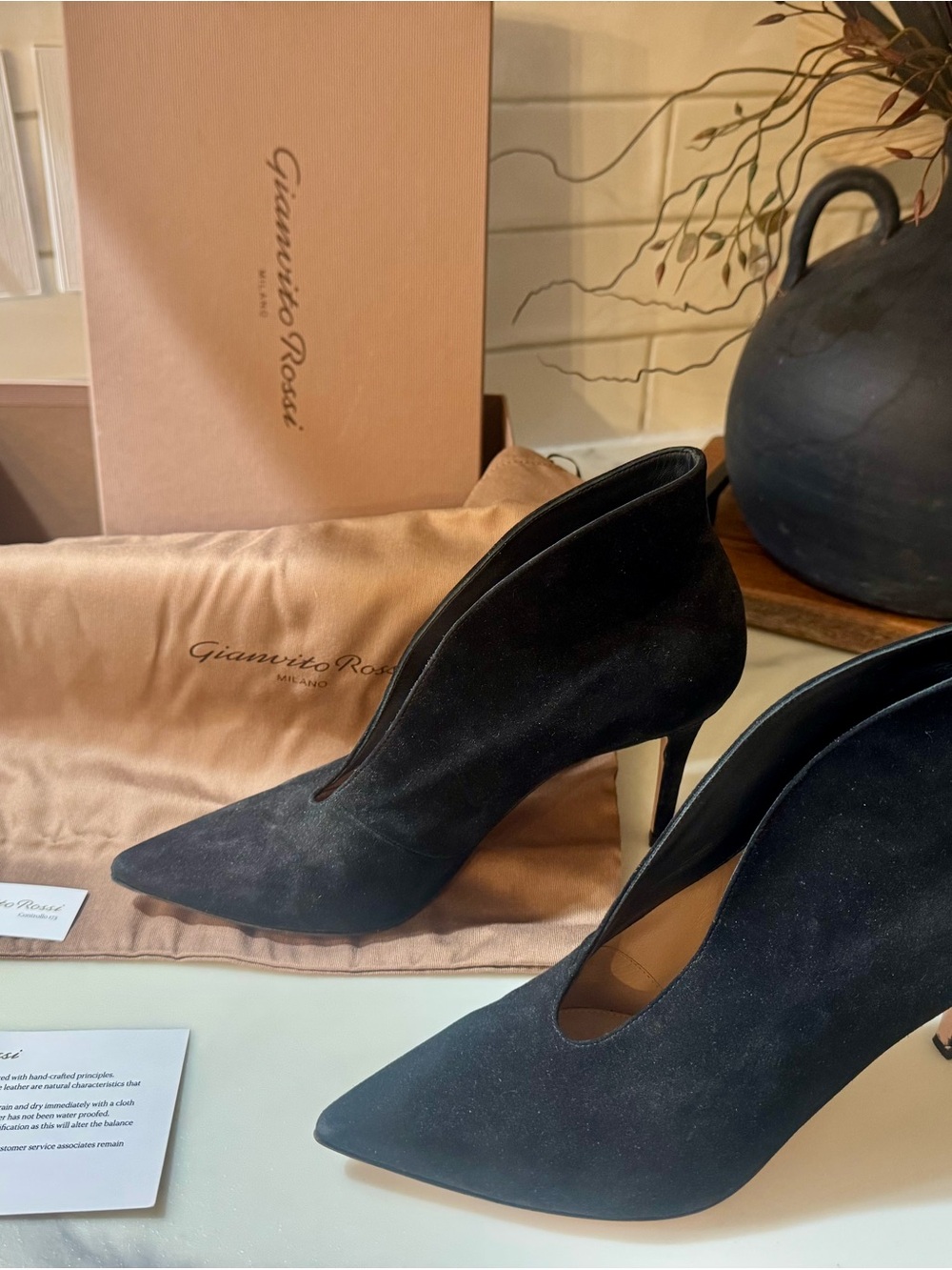 Gianvito Rossi Black Suede Vania Pointed V-Cut Stiletto Booties size 8, with box